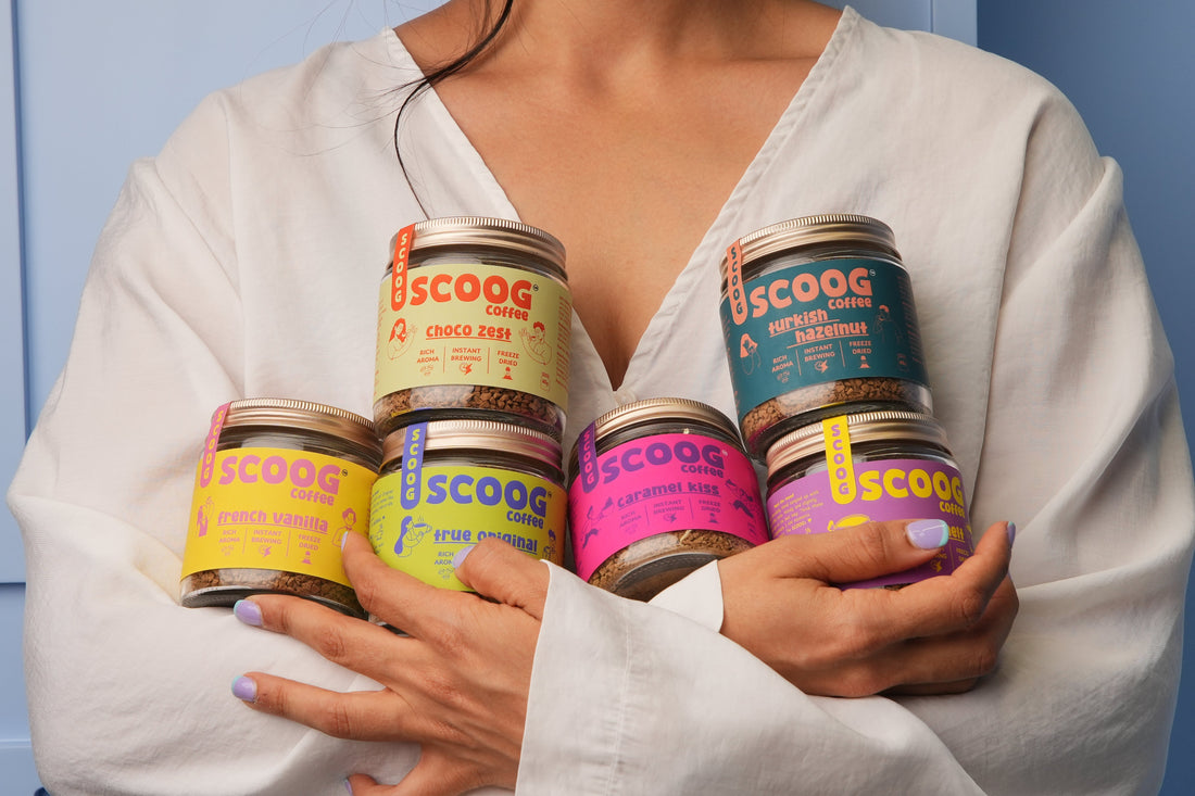 Scoogcoffee flavoured instant coffee jars — French Vanilla, Caramel Kiss, Mocha Melt, Turkish Hazelnut and True Original