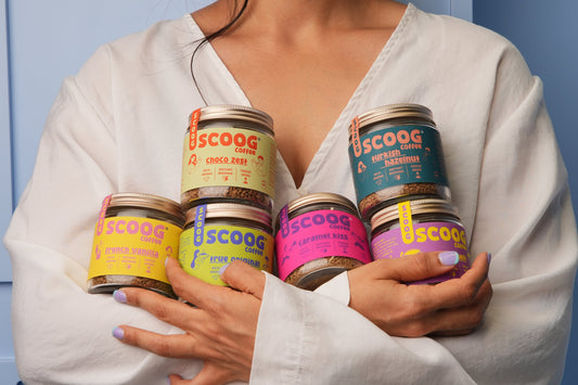 Scoogcoffee flavoured instant coffee jars — French Vanilla, Caramel Kiss, Mocha Melt, Turkish Hazelnut and True Original